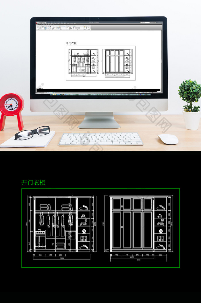 时尚大气四开门衣柜CAD结构图