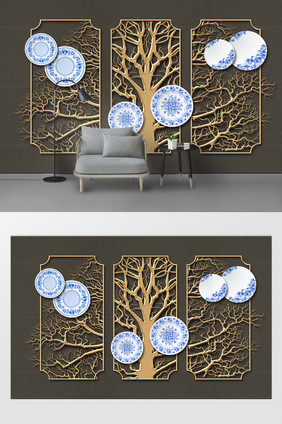 现代简约浮雕铁艺装饰树木盘子背景墙