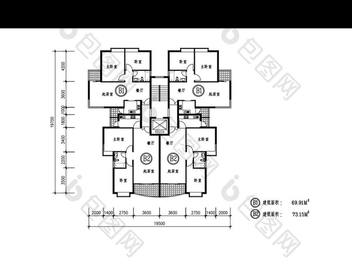 一梯四户小户型CAD户型图纸