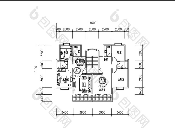 小户型一梯两户CAD户型图纸