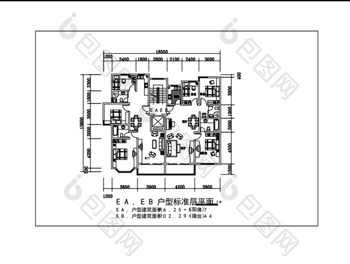 一梯两户住宅楼房CAD平面图纸