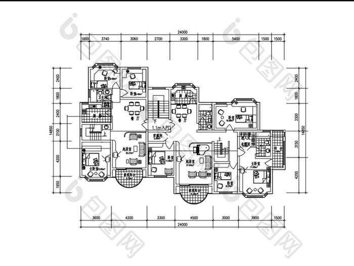 民居一梯两户楼层平面CAD建筑图纸