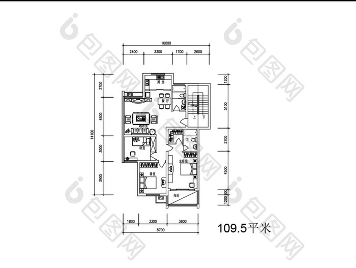 三室一厅109平米CAD住宅平面布局图