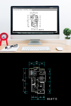 三室一厅93平米CAD平面布局图