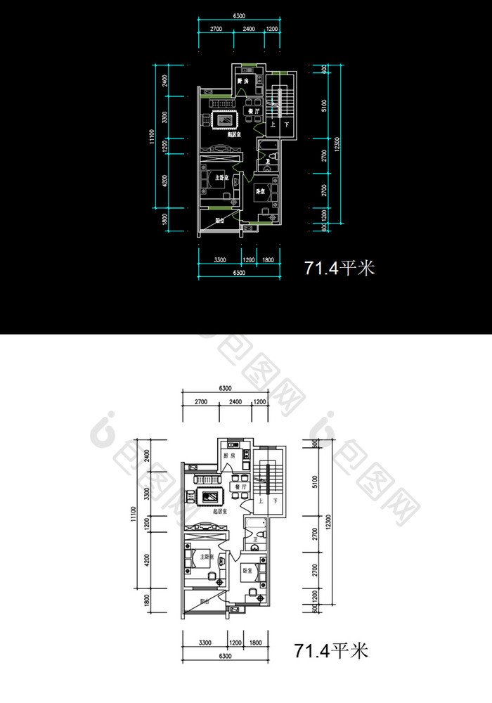 两室一厅71平米cad平面布局图