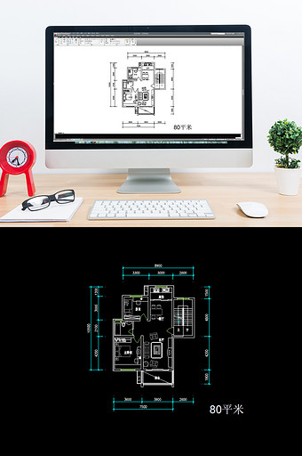 两室一厅80平米CAD平面布局图图片