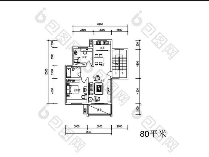 两室一厅80平米CAD平面布局图