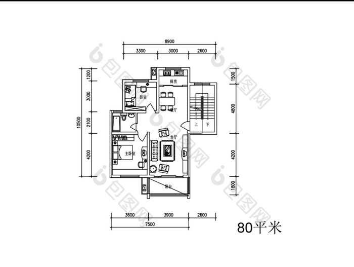 兩室一廳80平米cad平面佈局圖