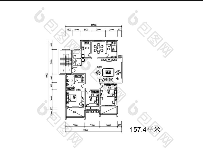 四室两厅157平米大户型CAD平面图纸