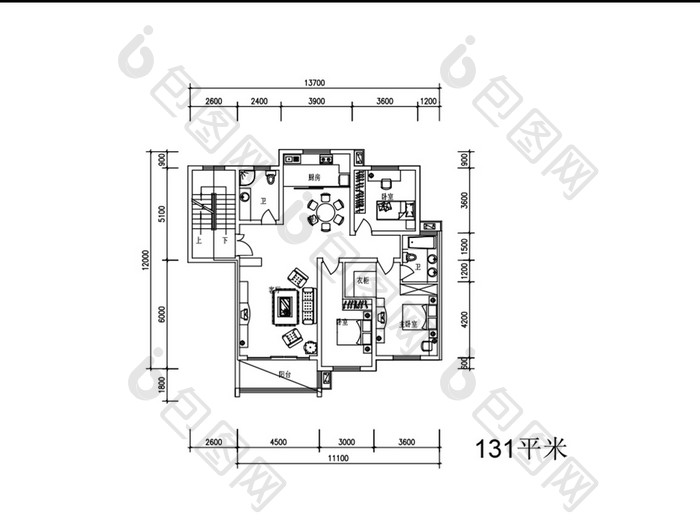131平米三室一厅大户型CAD平面图纸