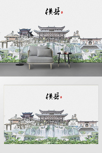 现代简约素描油画中华茉莉园城市剪影背景墙图片
