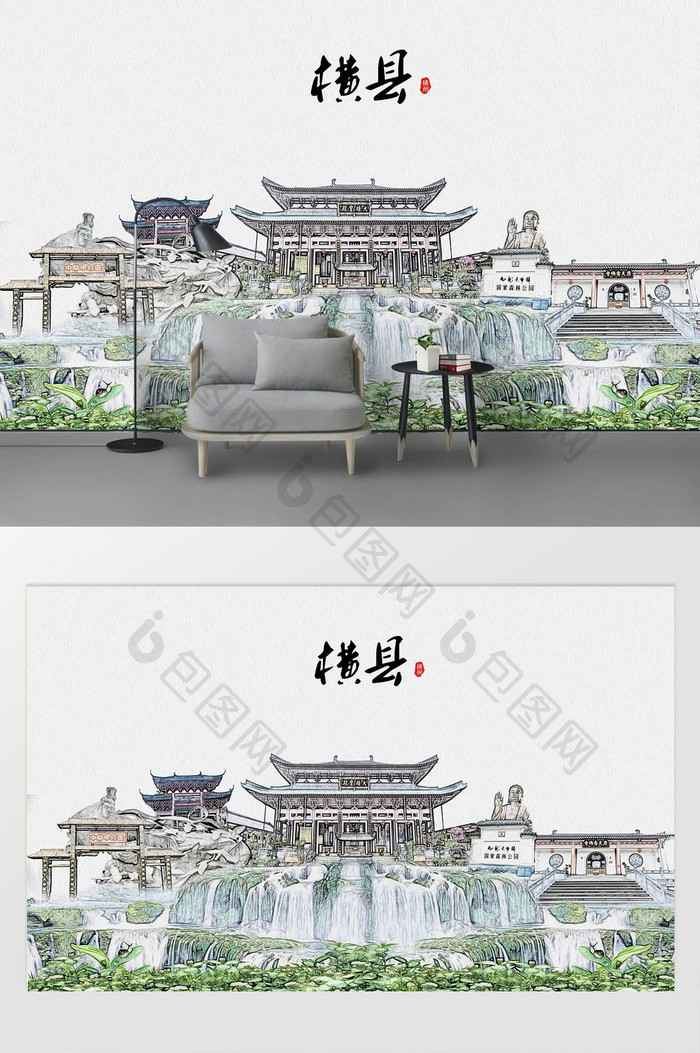 现代简约素描油画中华茉莉园城市剪影背景墙