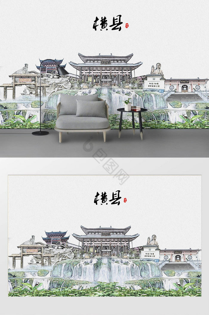 现代简约素描油画中华茉莉园城市剪影背景墙图片