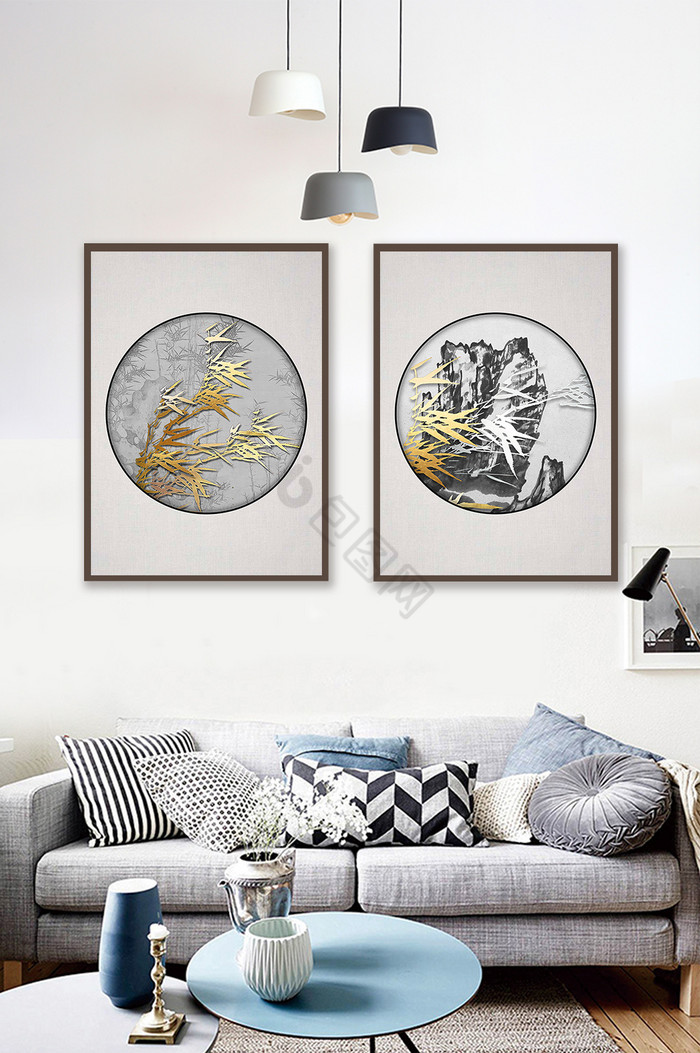 新中式水墨风浮雕金色竹叶装饰画图片