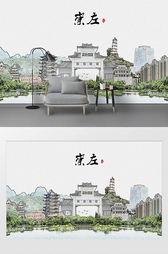 现代简约素描油画崇左市城市剪影背景墙图片