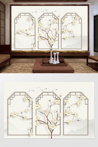 中式意境淡雅玉兰花枝水墨山鸟客厅背景墙图片