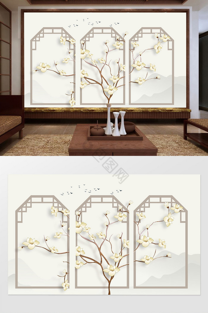 中式意境淡雅玉兰花枝水墨山鸟客厅背景墙图片