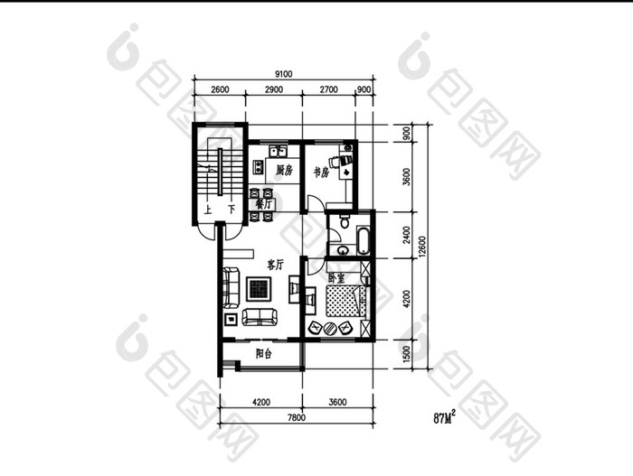 87平米两室一厅CAD家装平面图