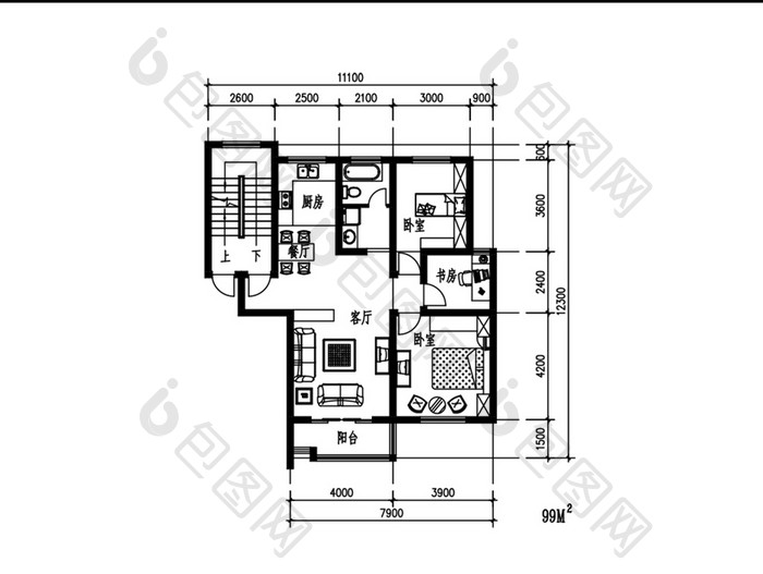 99平米两室一厅CAD家装平面图
