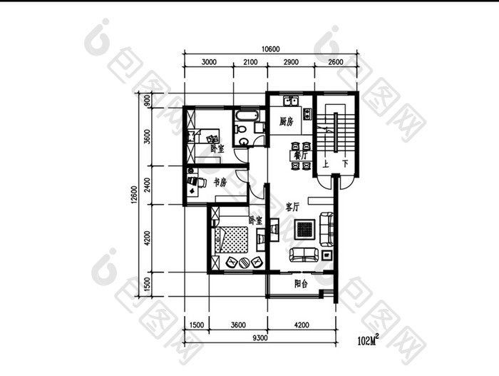 两室一厅102平米CAD家装平面图纸