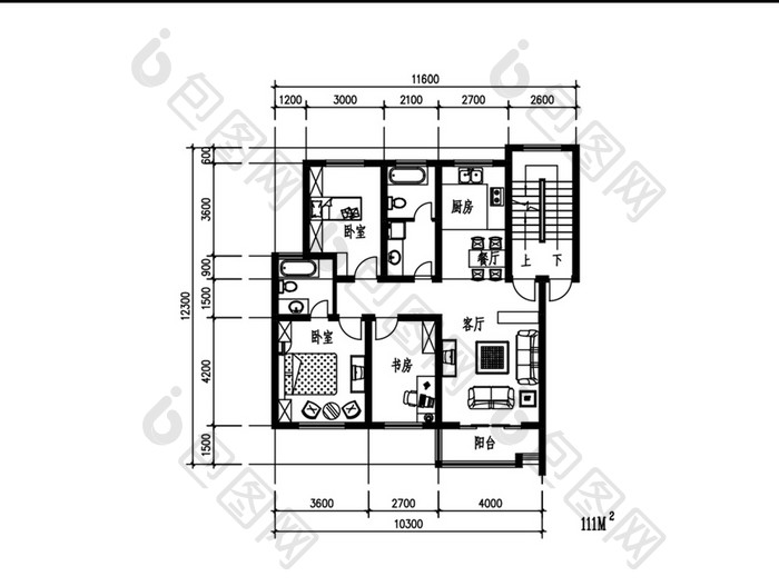 两室两厅111平米CAD住宅平面图纸