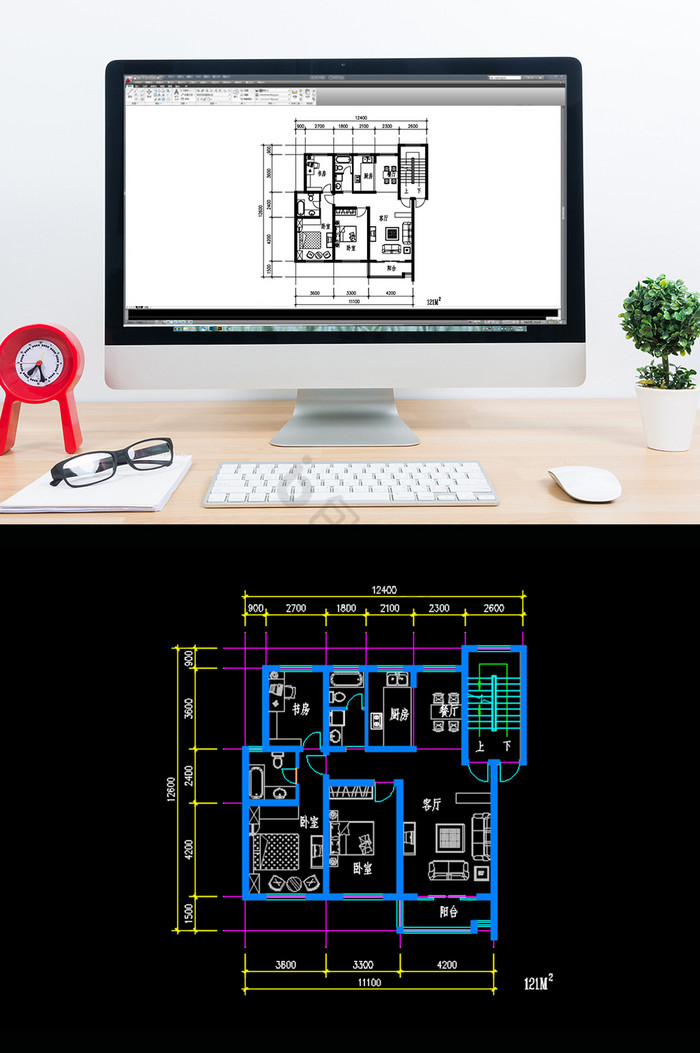 121平米两室两厅CAD住宅平面图纸图片