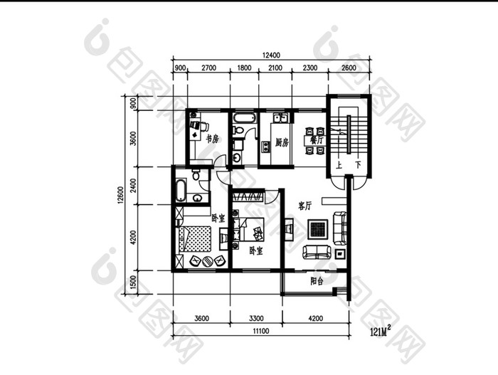 121平米两室两厅CAD住宅平面图纸