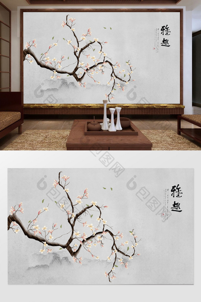 原创新中式工笔花鸟白玉兰背景墙装饰画