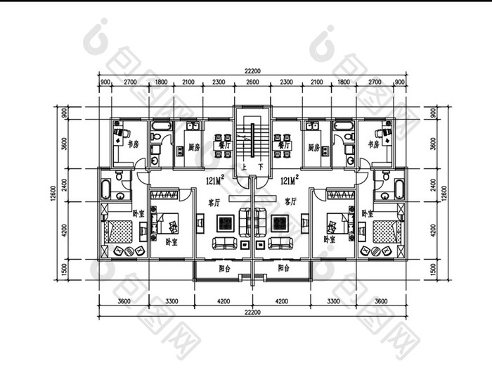 住宅楼房一梯两户标准层CAD平面图纸