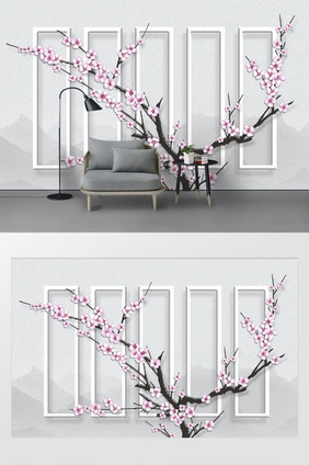 现代简约时尚立体方框粉色花枝水墨山背景墙