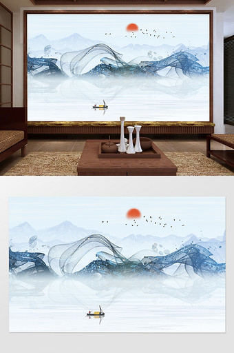新中式手绘水墨山水电视背景定制图片