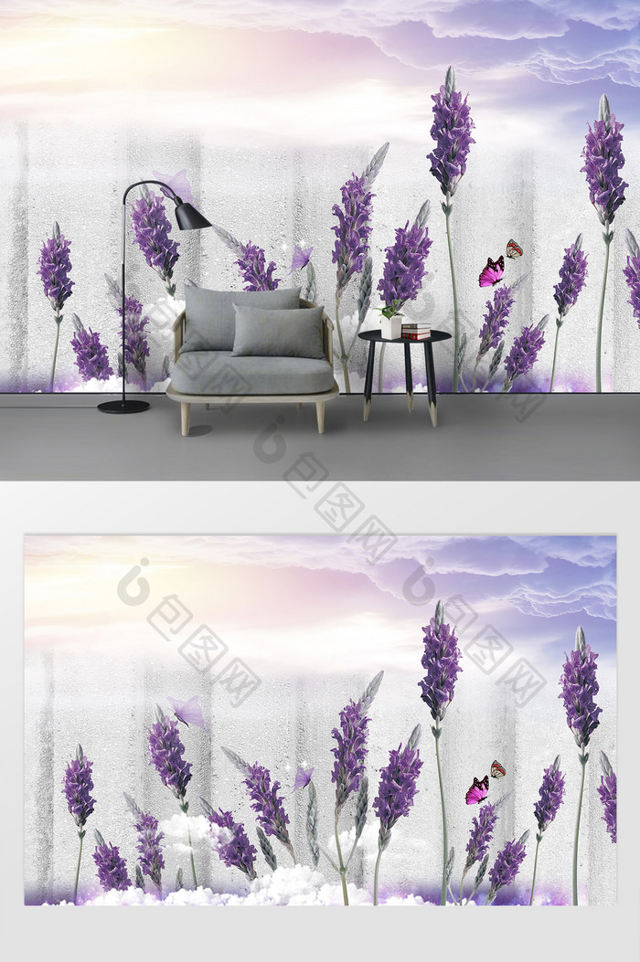 紫色唯美薰衣草花卉定制电视背景墙