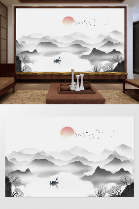 中式背景墙水墨山水画夕阳手绘壁画