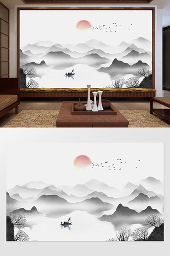 中式背景墙水墨山水画夕阳手绘壁画图片