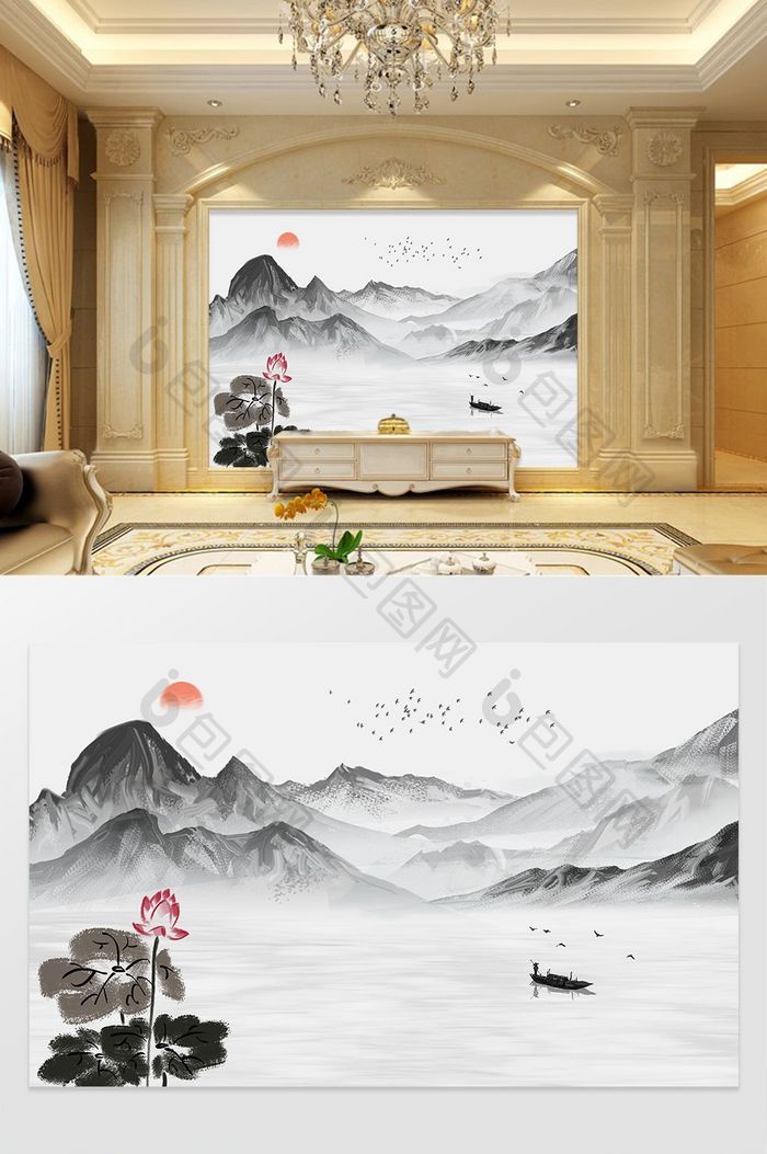 中式背景墙水墨山水画荷花手绘壁画定制