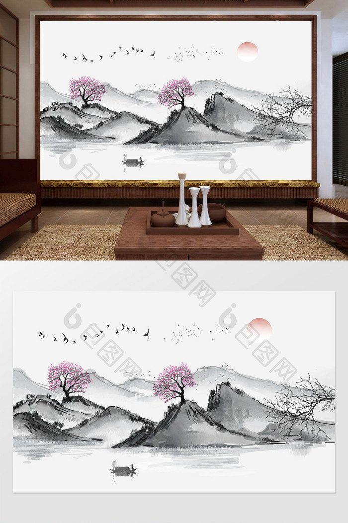 中式背景墙水墨山水画飞鸟手绘壁画