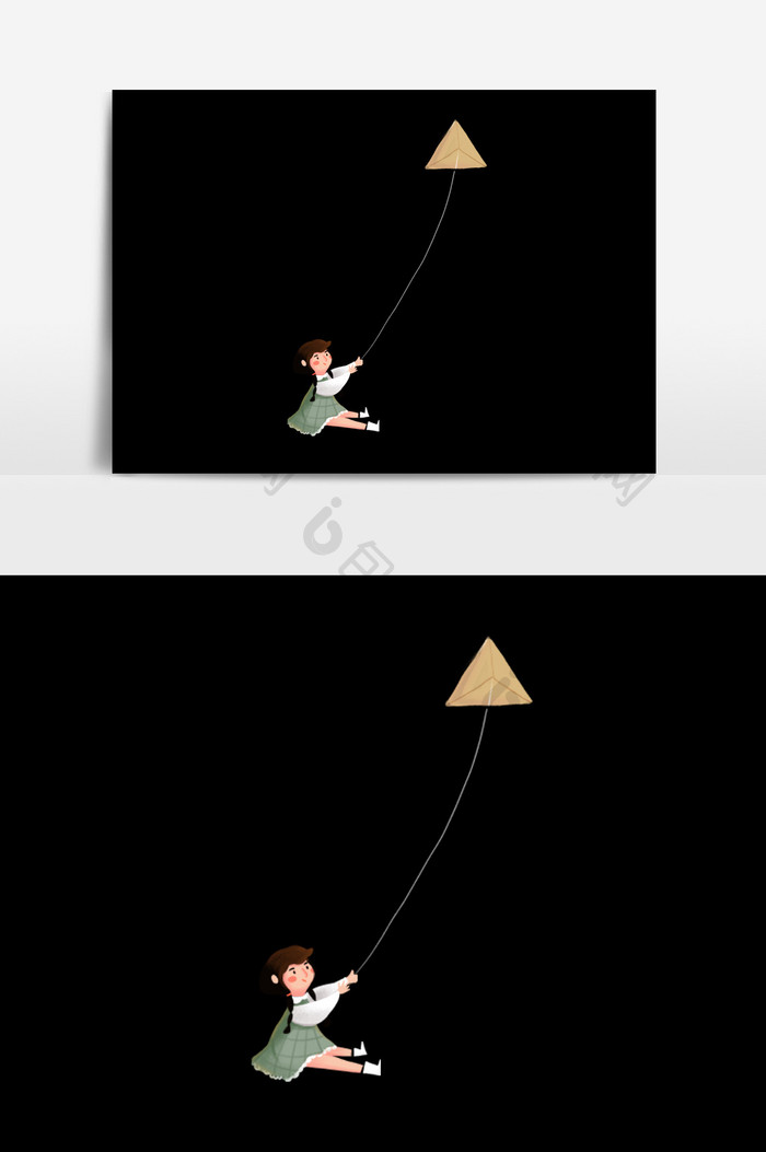 手绘放风筝女孩的插画元素