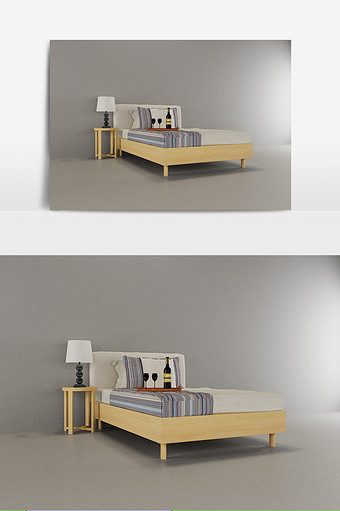 北欧简约原木卧室单人床模型图片