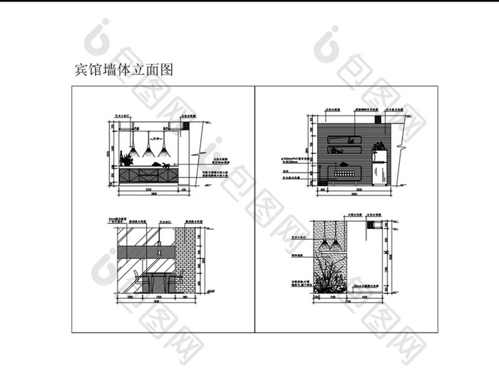 宾馆酒店客房背景墙设计立面CAD图纸