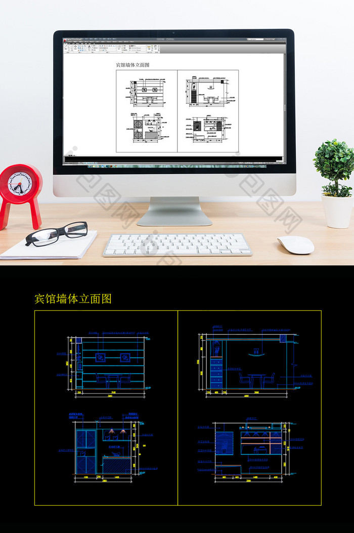 宾馆酒店电视背景墙立面CAD造型图纸