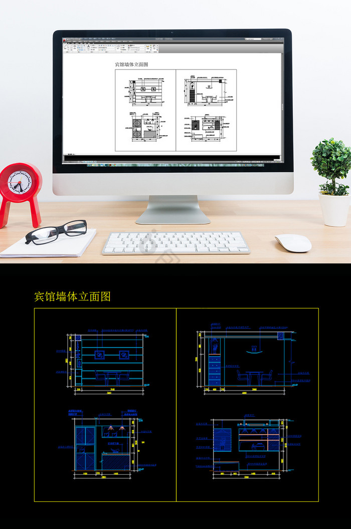 宾馆酒店电视背景墙立面CAD造型图纸图片