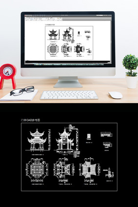 古典门亭八角四方重檐亭CAD图纸