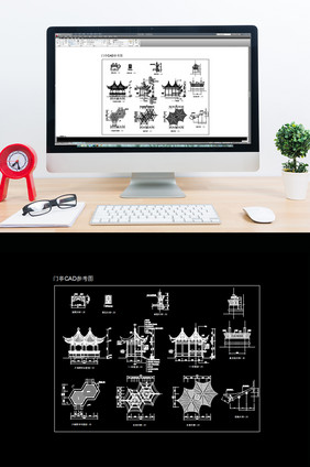 中国古典六角套亭CAD平面图