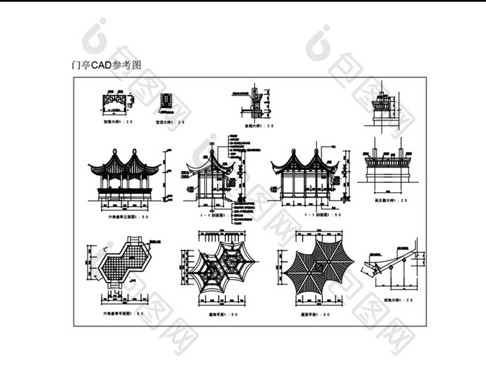 中国古典六角套亭CAD平面图