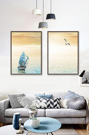 北欧油画海浪帆船风景装饰画素材背景墙图片