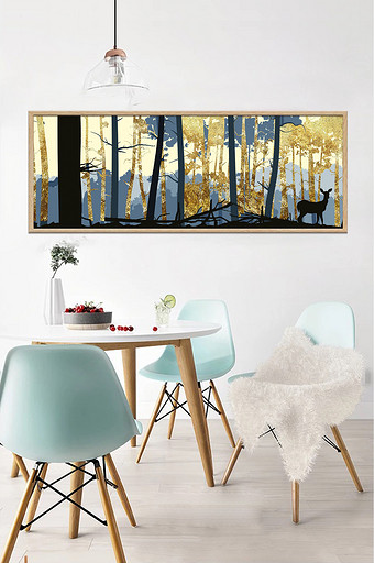 北欧抽象金色鹿树林植物装饰画素材背景墙图片