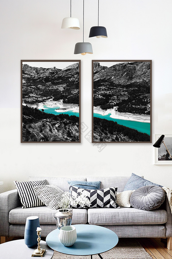 北欧黑白系列风景绿色湖水装饰画素材背景墙图片