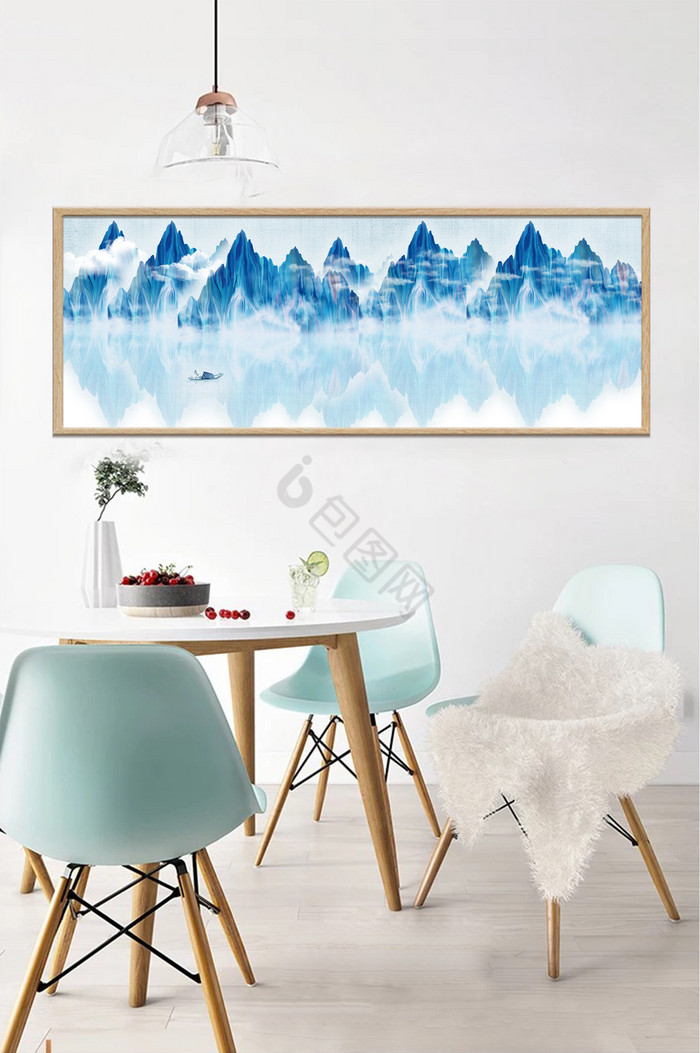 蓝色新中式山水湖面小船倒影装饰画图片