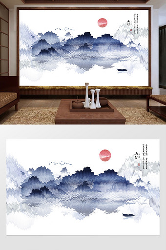 原创新中式抽象水墨烟雾山水艺术电视背景墙图片