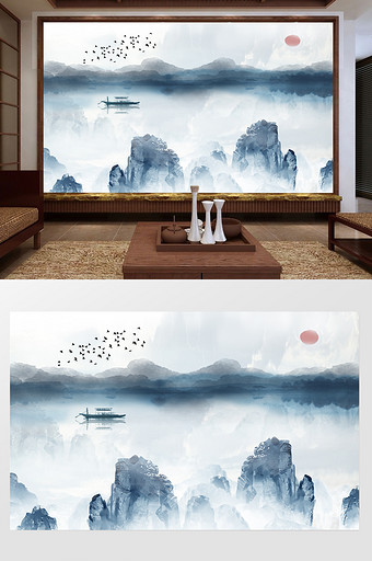 新中式泼墨水墨山水背景墙图片
